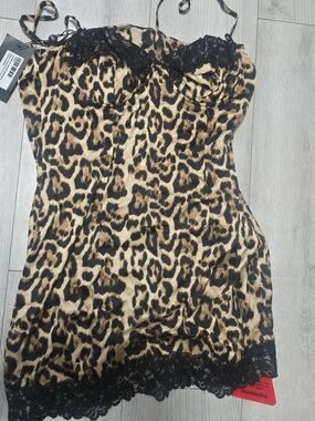EGO Leopard Print Mini Dress with Black Lace Trim